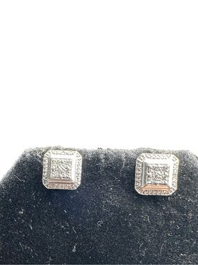 Signed Kay Jewelers 925 Silver Square Cluster Halo Stud Earrings Melee Diamonds